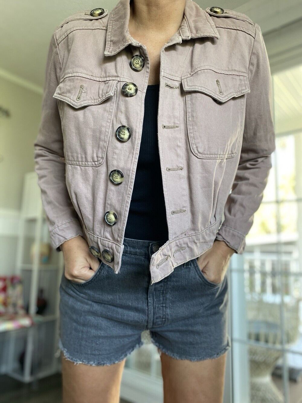 FREE PEOPLE Cotton Slouchy Eisenhower Purple Denim Jacket Oversized Buttons XS